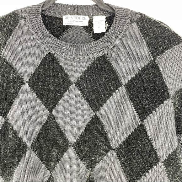 Black Argyle Crewneck Pullover Sweater Vintage Italy - Picture 3 of 5